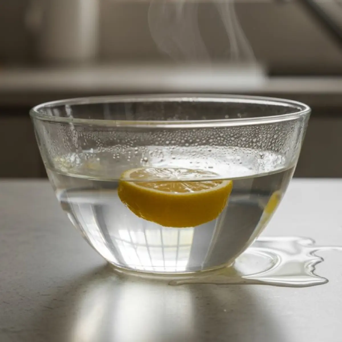A steaming glass bowl of hot water with a floating lemon slice, sitting on a kitchen counter with steam rising visibly, likely used for softening apple slices.