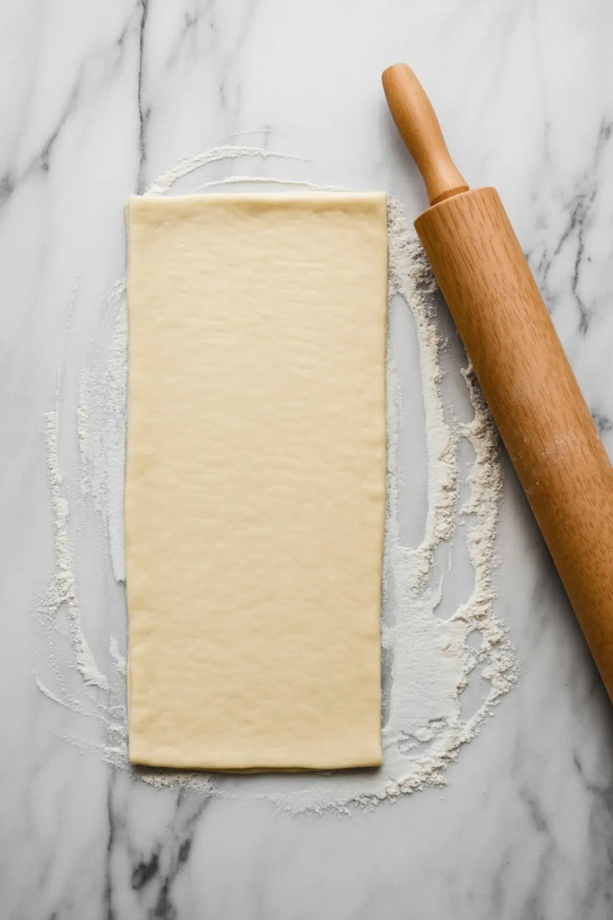A rolled-out sheet of puff pastry placed on a floured marble surface with a wooden rolling pin beside it, ready for slicing and assembling apple rose pastries.