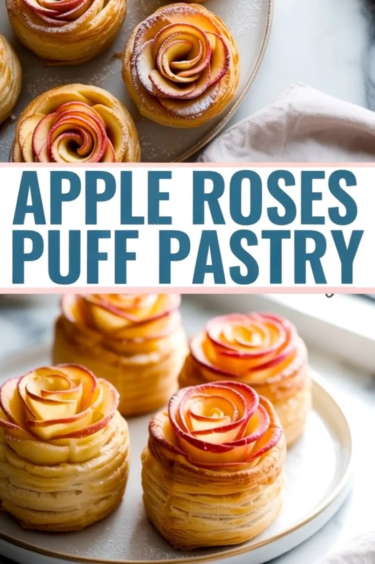 A collage image of baked apple rose puff pastries on white plates, with spiraled apple slices forming rose shapes atop puff pastry towers, and a large text block reading “Apple Roses Puff Pastry.”
