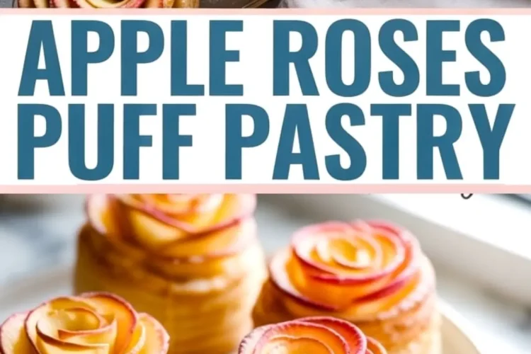 A collage image of baked apple rose puff pastries on white plates, with spiraled apple slices forming rose shapes atop puff pastry towers, and a large text block reading “Apple Roses Puff Pastry.”