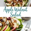Top and close-up views of an apple walnut salad with baby spinach, red and green apple slices, whole walnuts, dried cranberries, and crumbled feta cheese, arranged in a circular pattern.
