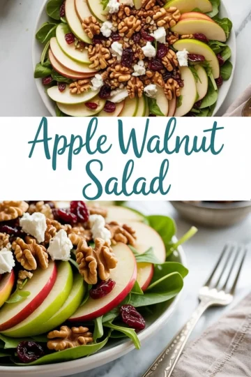 Top and close-up views of an apple walnut salad with baby spinach, red and green apple slices, whole walnuts, dried cranberries, and crumbled feta cheese, arranged in a circular pattern.
