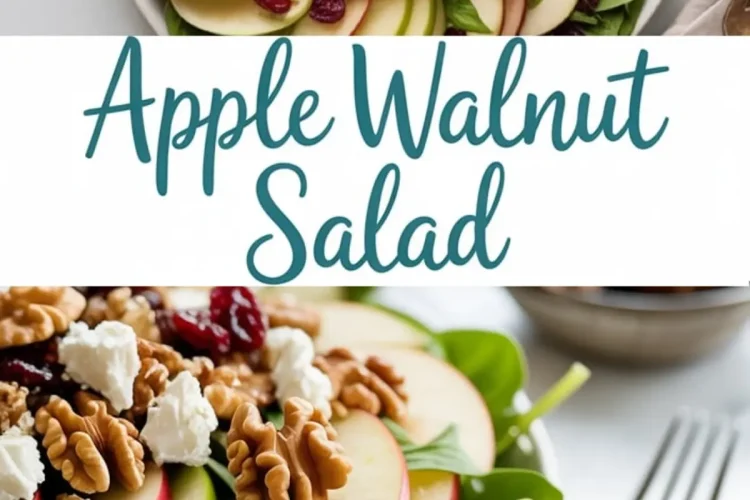 Top and close-up views of an apple walnut salad with baby spinach, red and green apple slices, whole walnuts, dried cranberries, and crumbled feta cheese, arranged in a circular pattern.