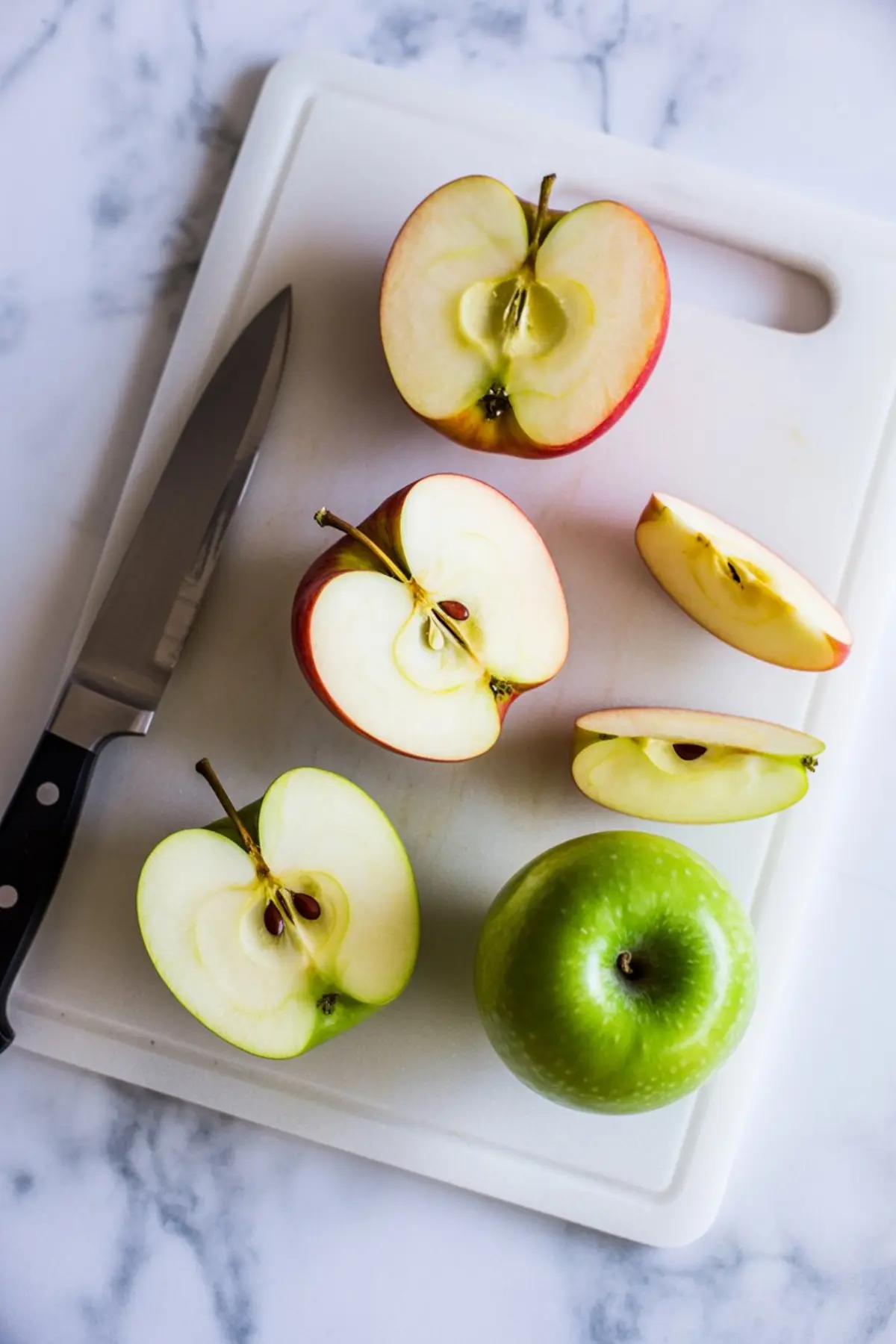 Sliced red and green apples arranged on a white cutting board with a black-handled kitchen knife, showing halves and wedges of each apple.