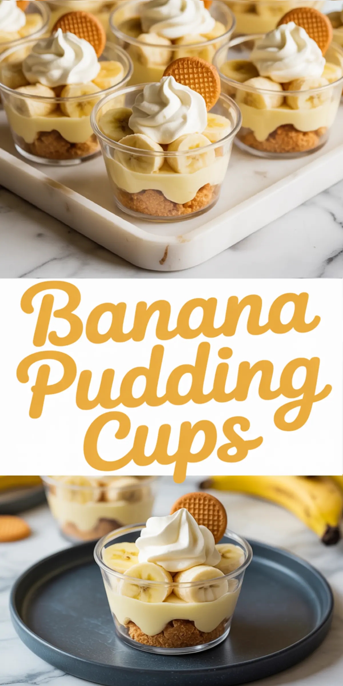 Individual banana pudding cups layered with crushed cookies, sliced bananas, creamy pudding, and whipped cream, topped with a vanilla wafer cookie, displayed on a tray.