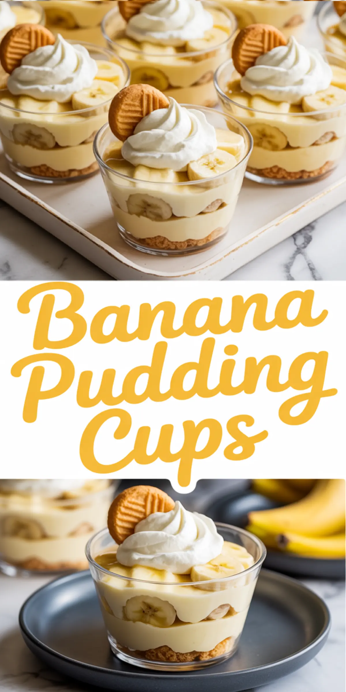 Close-up of mini banana pudding cups layered with cookies, bananas, and pudding, topped with whipped cream and a vanilla wafer, served on a gray plate with bananas in the background.