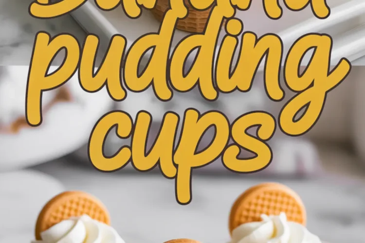 Banana pudding cups layered with creamy pudding, banana slices, and cookie crumbs, topped with whipped cream and a vanilla wafer, arranged on a white serving tray.
