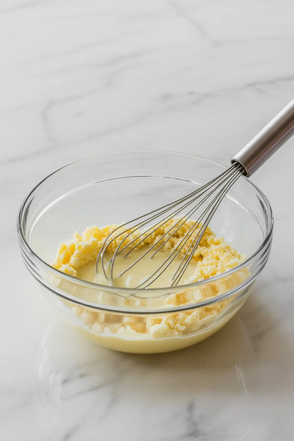 Glass mixing bowl with a metal whisk stirring homemade banana pudding mixture on a white marble countertop.