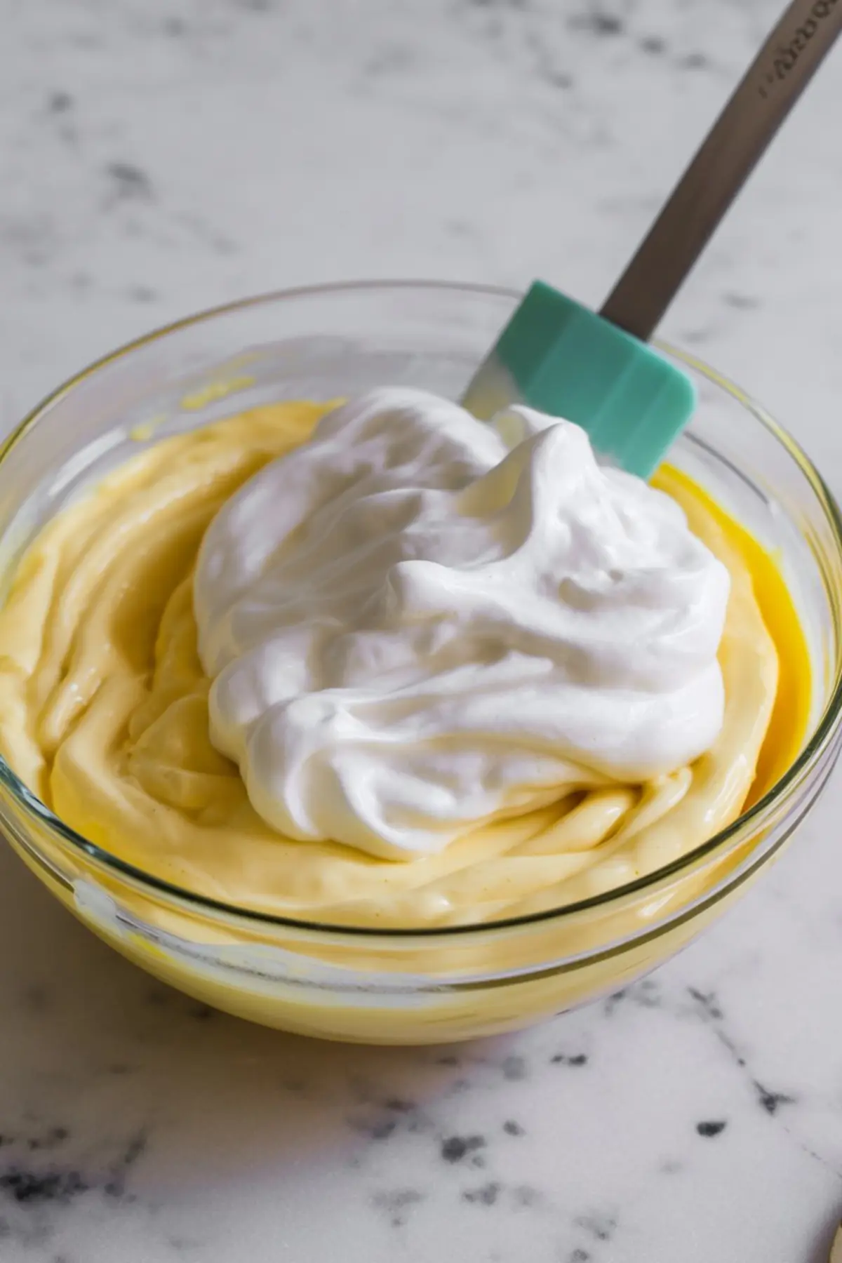 Glass bowl filled with creamy yellow banana pudding topped with a large scoop of whipped cream, ready to be folded together with a spatula.