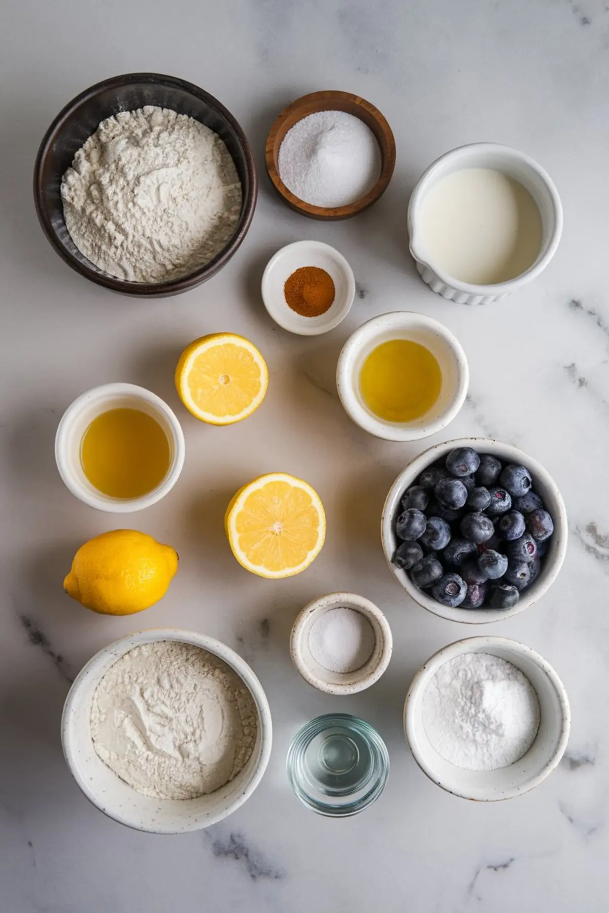 Flat lay of baking ingredients on a marble surface, including fresh blueberries, halved lemons, flour, sugar, milk, baking powder, baking soda, oil, cinnamon, and vanilla, arranged in ceramic and glass bowls for a blueberry lemon cake recipe.