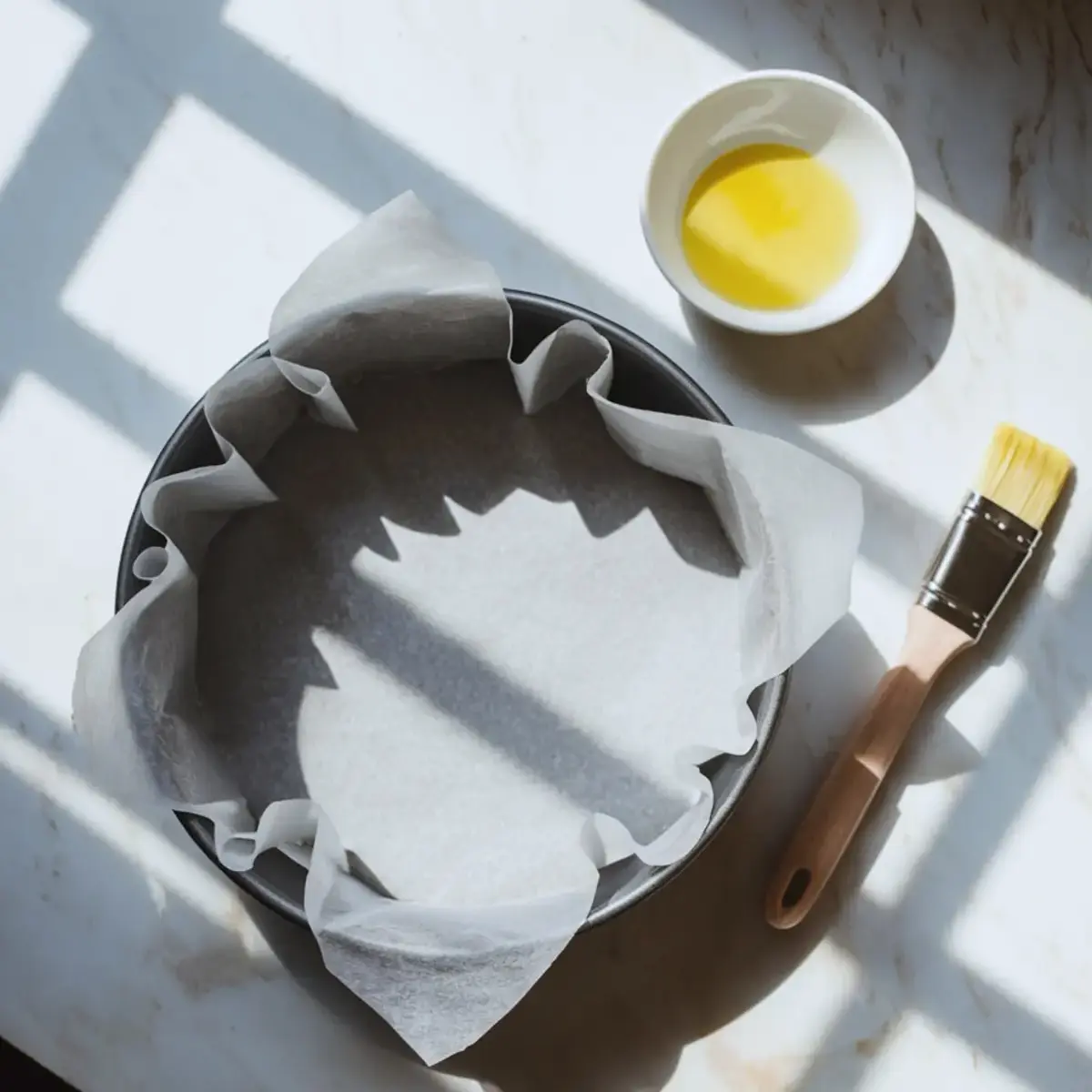 Round cake pan lined with crinkled parchment paper, placed beside a bowl of melted butter and a pastry brush on a marble surface under natural light.