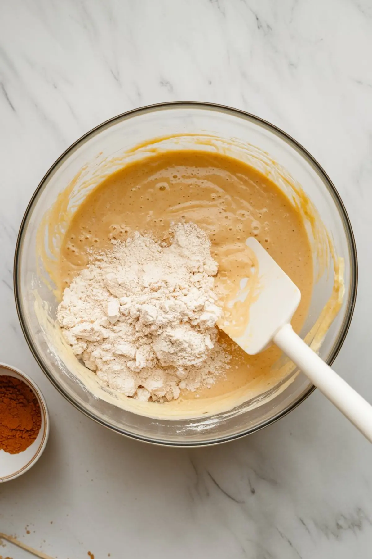 Glass mixing bowl filled with yellow cake batter, topped with a mound of flour, and a white silicone spatula resting inside.
