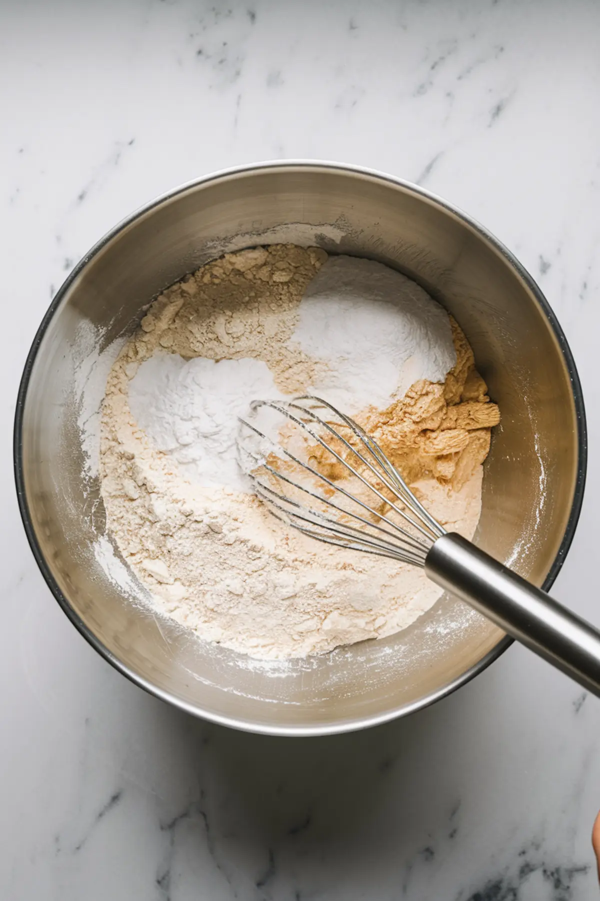 Metal bowl with dry ingredients including flour, baking powder, and sugar being combined using a metal whisk on a marble countertop.
