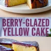 Collage image highlighting a whole yellow cake topped with a shiny purple berry glaze, with one image showing a cut-out slice and another showcasing a lifted piece on a cake server.