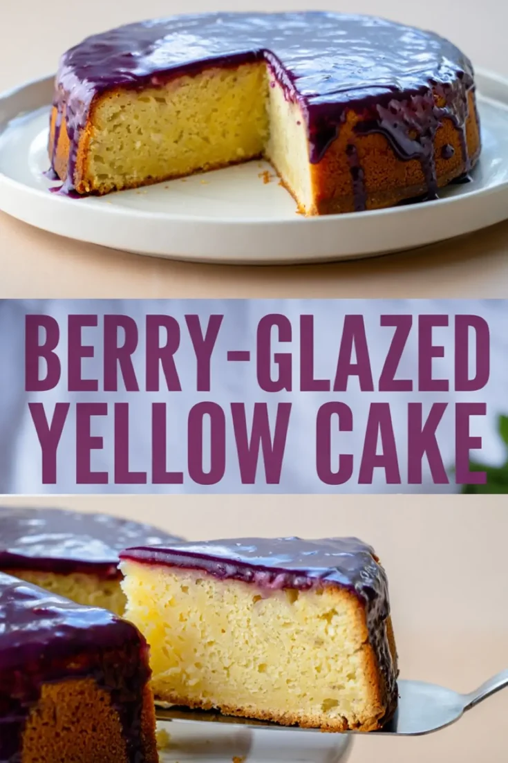 Collage image highlighting a whole yellow cake topped with a shiny purple berry glaze, with one image showing a cut-out slice and another showcasing a lifted piece on a cake server.