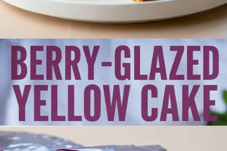 Collage image highlighting a whole yellow cake topped with a shiny purple berry glaze, with one image showing a cut-out slice and another showcasing a lifted piece on a cake server.