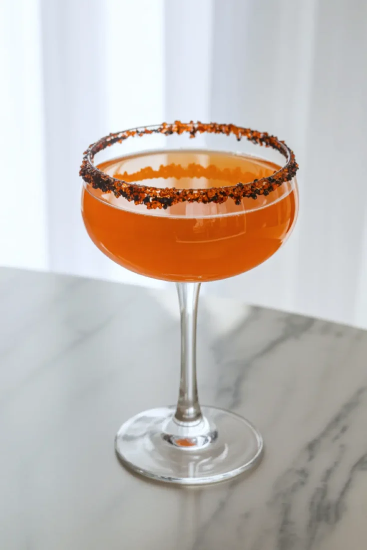 Orange cocktail served in a coupe glass with a rim of black and red Halloween-themed sugar crystals on a white marble background.