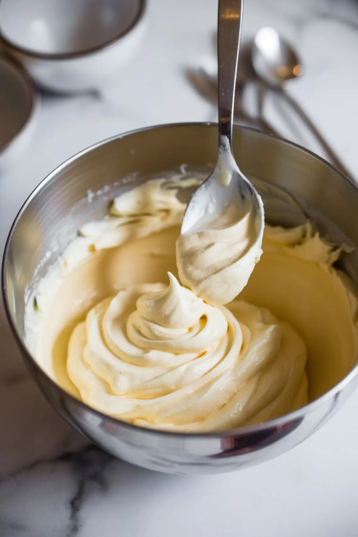 Spoon lifting thick, smooth vanilla buttercream frosting from a mixing bowl showing soft, airy texture.