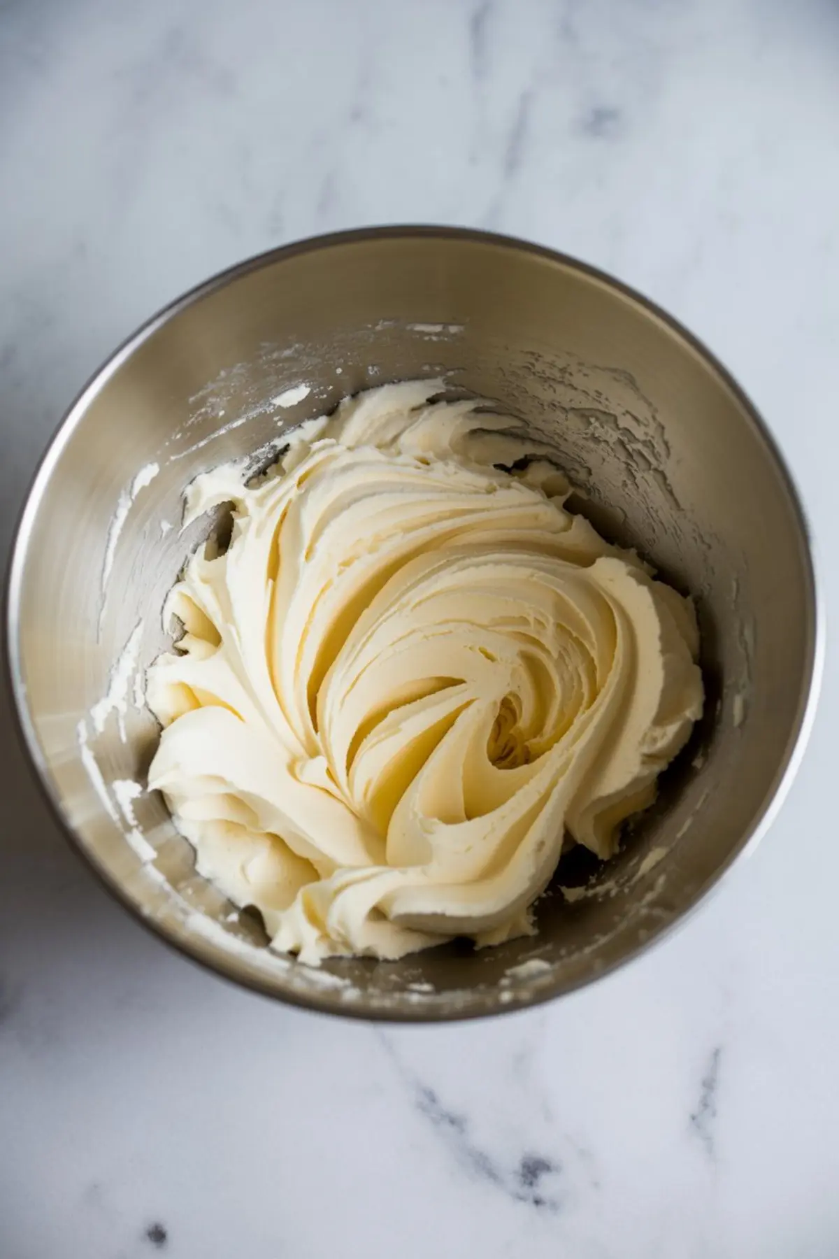 Freshly whipped vanilla buttercream frosting with soft peaks in a large stainless steel mixing bowl on a marble counter.
