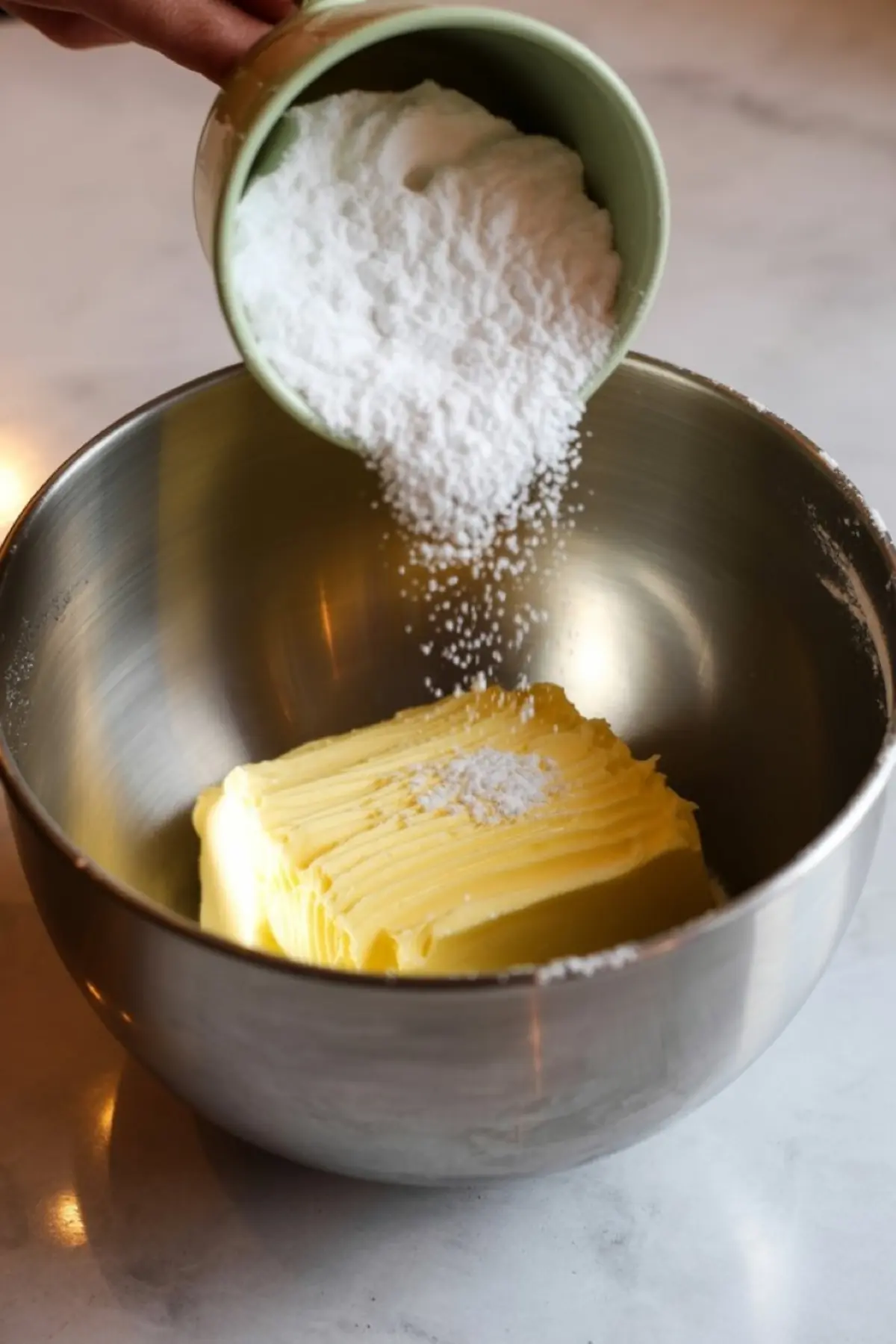 Green measuring cup pouring powdered sugar into a stainless steel mixing bowl with softened sticks of butter for frosting preparation.