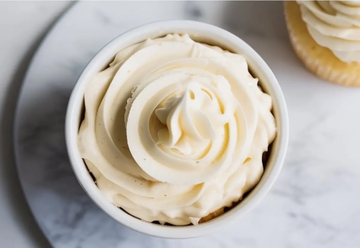 Close-up of creamy vanilla buttercream frosting piped in a swirl pattern inside a white ramekin, placed on a marble surface.