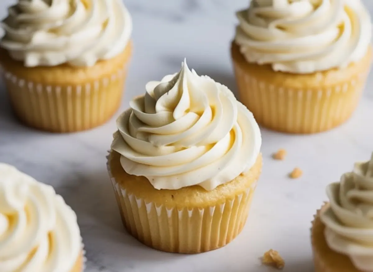 Vanilla cupcakes with golden sponge and piped vanilla buttercream frosting arranged on a marble countertop.