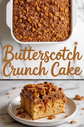 Collage showing a baked butterscotch crunch cake topped with chips and crumb topping in a white dish, and a close-up slice on a plate with caramel drizzle.