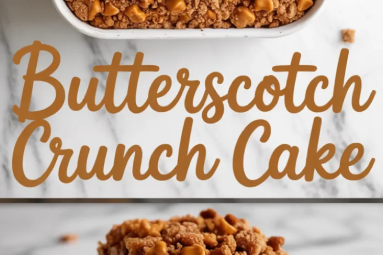 Collage showing a baked butterscotch crunch cake topped with chips and crumb topping in a white dish, and a close-up slice on a plate with caramel drizzle.