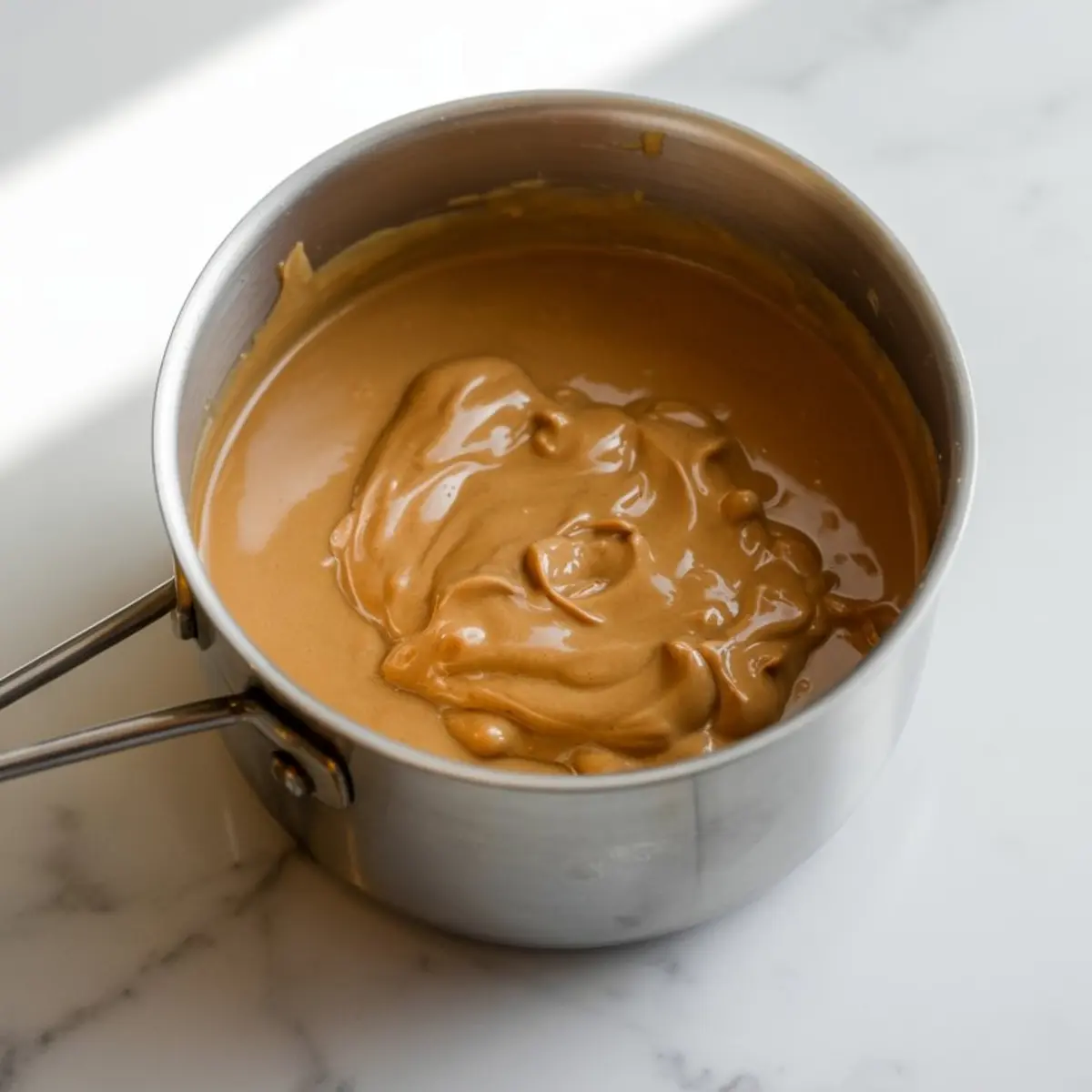 Butterscotch mixture melting in a stainless steel saucepan, showing smooth and thick texture on a white marble surface.
