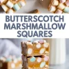 Stacked butterscotch marshmallow bars on a white plate, filled with pastel-colored marshmallows, shown in a collage with overhead slices and text reading “BUTTERSCOTCH MARSHMALLOW SQUARES.”