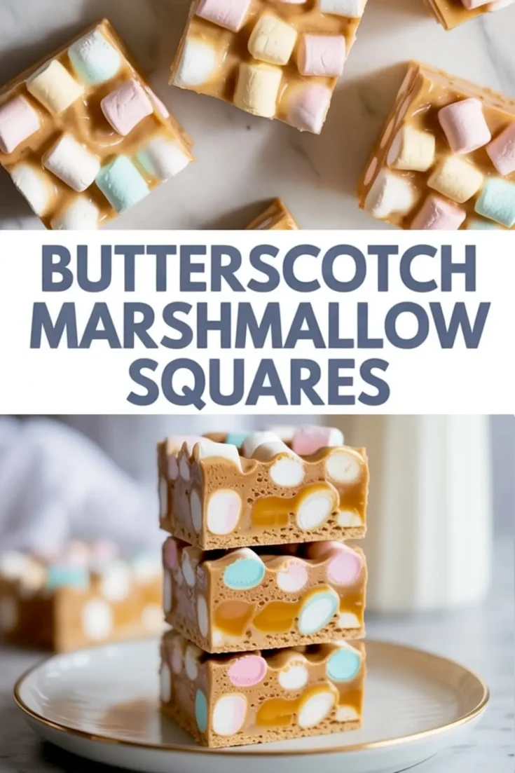 Stacked butterscotch marshmallow bars on a white plate, filled with pastel-colored marshmallows, shown in a collage with overhead slices and text reading “BUTTERSCOTCH MARSHMALLOW SQUARES.”