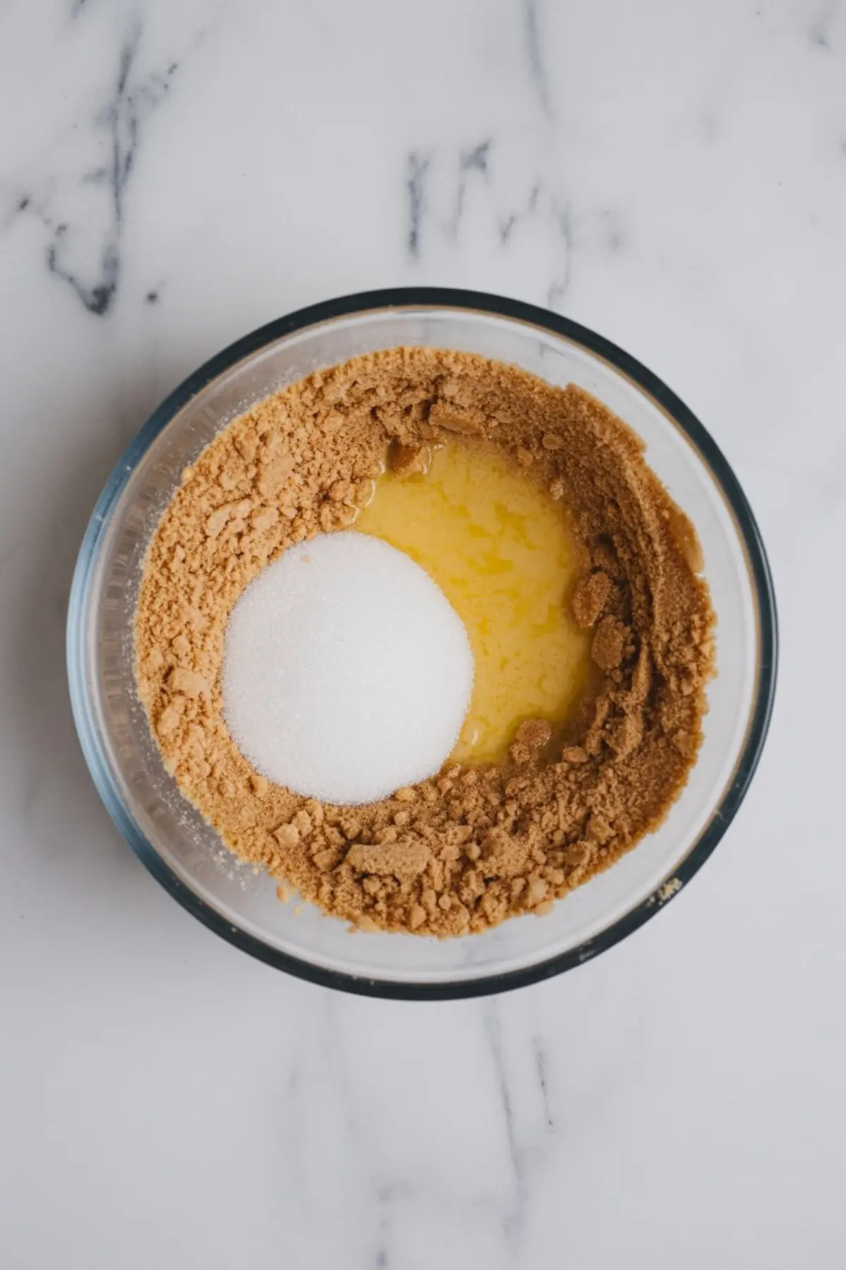 Mixing bowl filled with graham cracker crumbs, granulated sugar, and melted butter on a white marble surface, ready to form the dessert base.