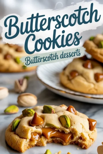 Buttery pistachio butterscotch cookie on marble with melted butterscotch chips and pistachio pieces, surrounded by whole pistachios and a plate of cookies in the background with text overlay “Butterscotch Cookies – Butterscotch desserts.”