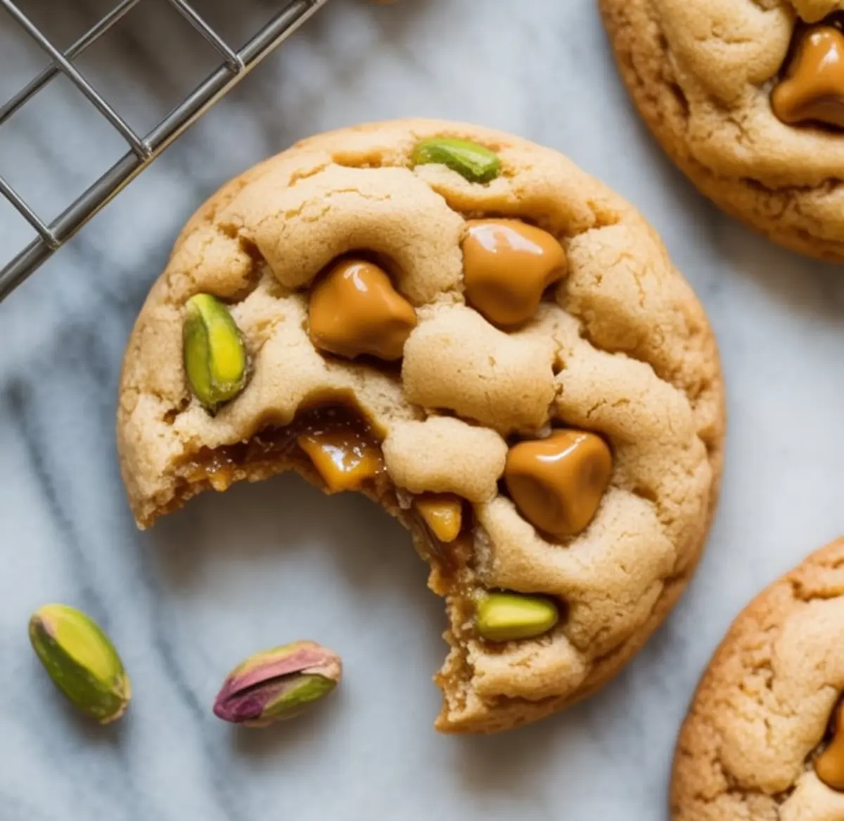 Close-up of a chewy butterscotch cookie topped with glossy butterscotch chips and roasted pistachios on a marble surface with a bite taken out.
