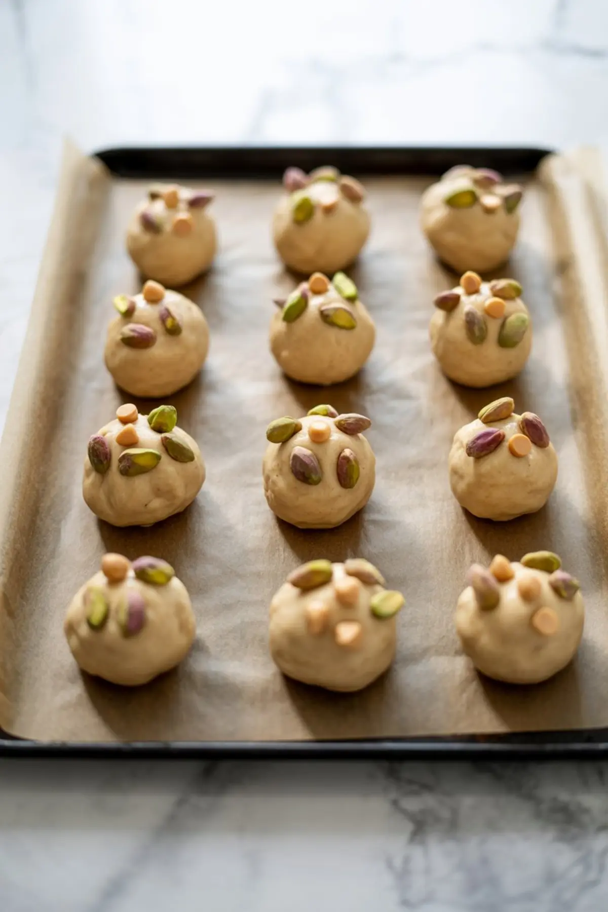 Raw cookie dough balls topped with pistachios and butterscotch chips arranged neatly on a parchment-lined baking sheet ready for baking.