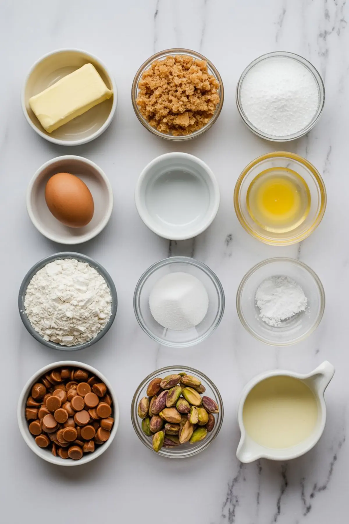 Flat lay of cookie ingredients including butter, brown sugar, white sugar, flour, egg, vanilla extract, baking soda, pistachios, butterscotch chips, and cream arranged in small bowls on a marble surface.