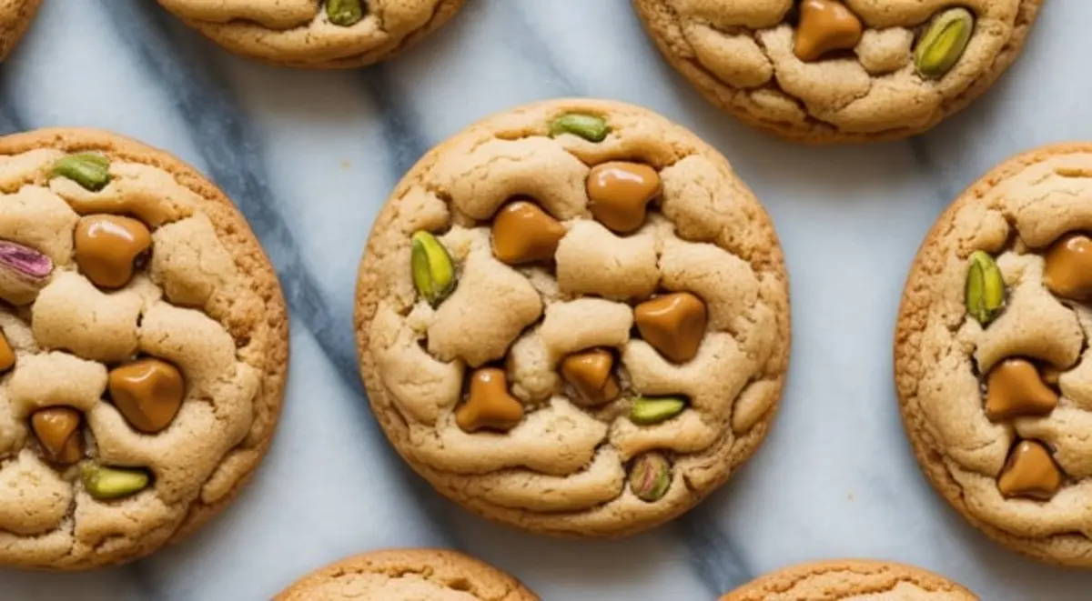 Overhead view of freshly baked pistachio butterscotch cookies arranged on a marble surface, highlighting the golden texture, melted butterscotch chips, and green pistachio pieces.