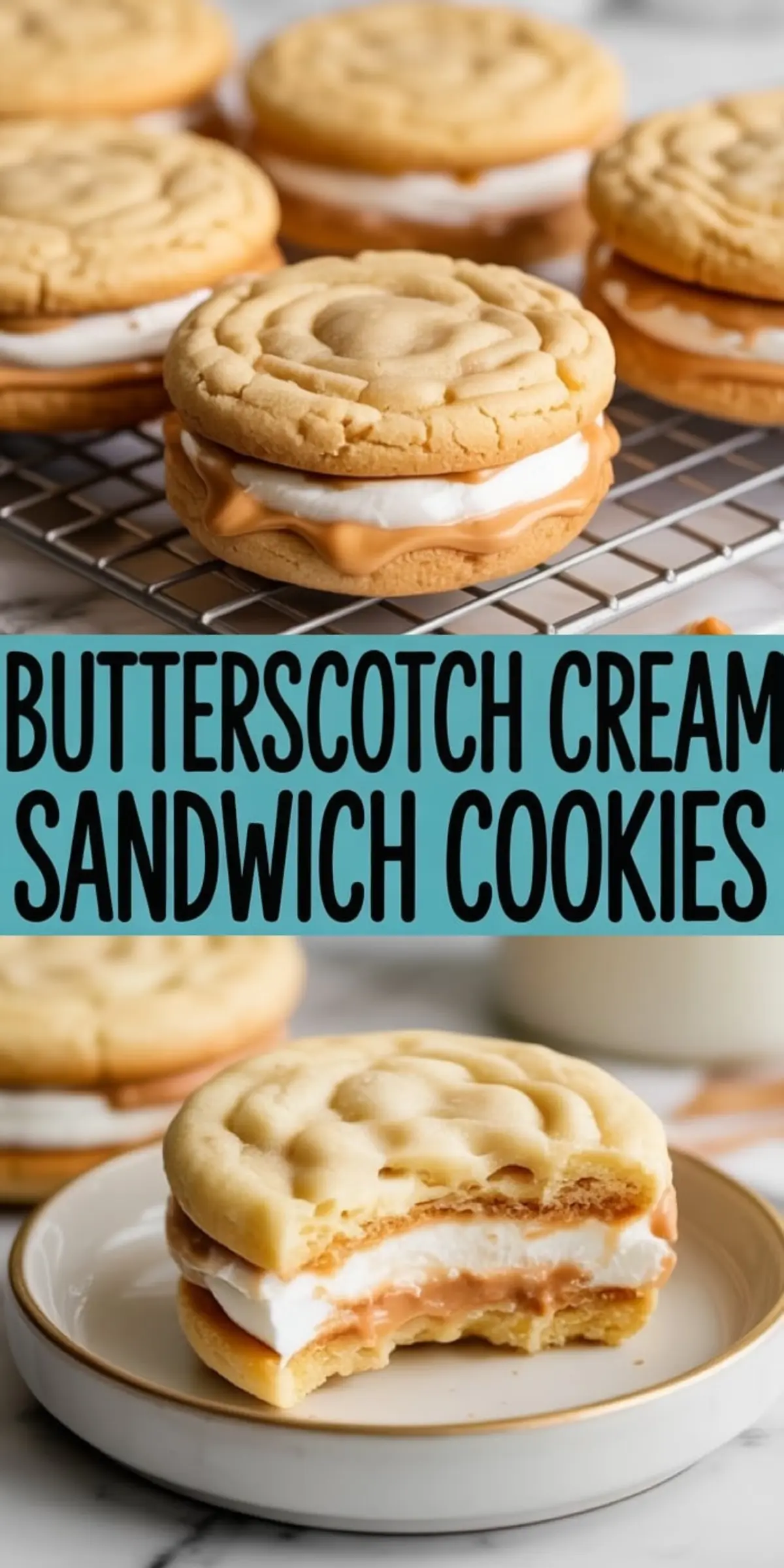 Butterscotch cream sandwich cookies layered with white marshmallow filling and creamy butterscotch spread, displayed on a cooling rack and plated with a bitten cookie revealing the gooey center.
