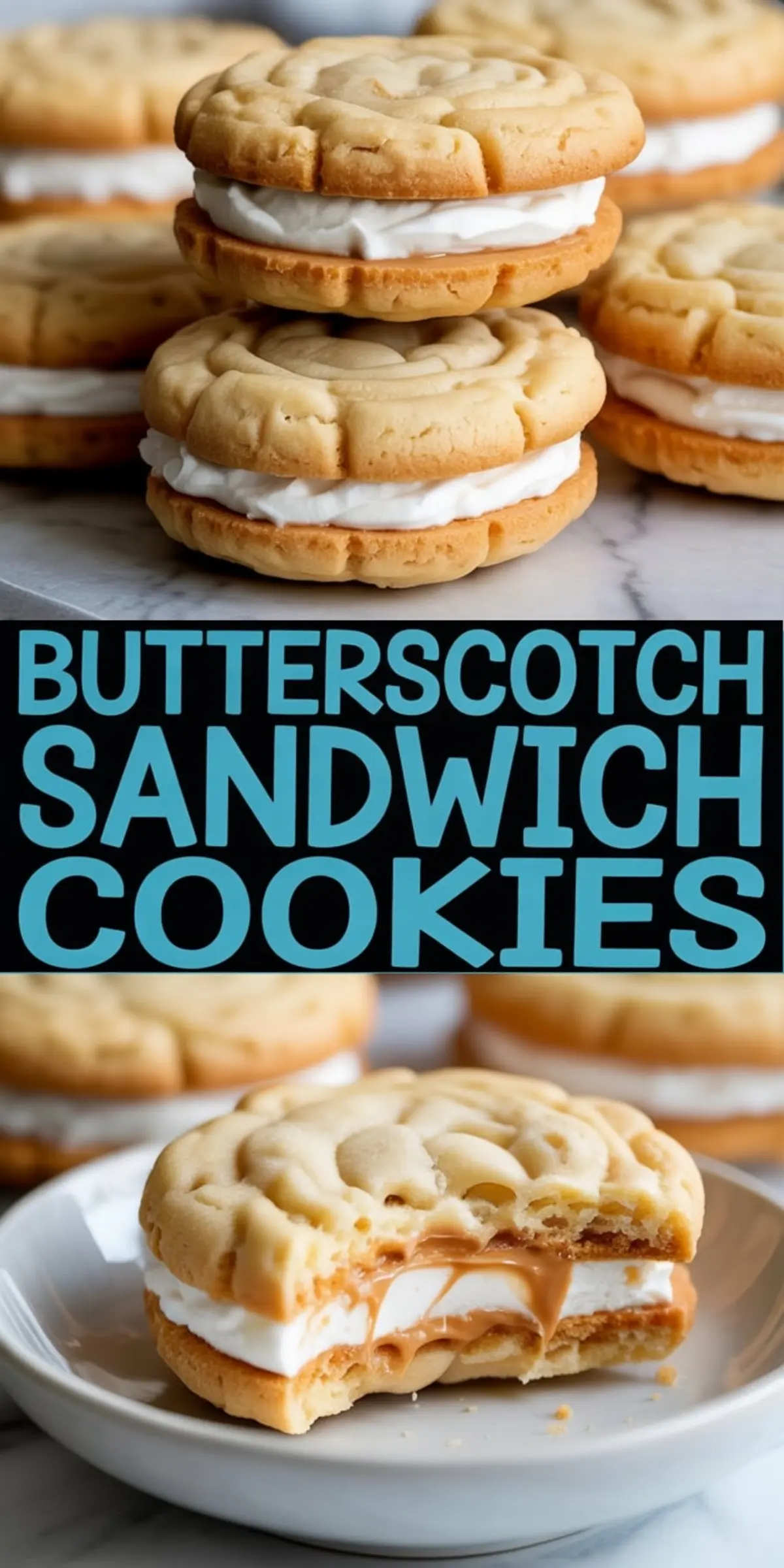 Close-up image of homemade butterscotch sandwich cookies filled with fluffy white marshmallow cream and creamy butterscotch spread, featuring swirled golden cookies stacked on a marble surface with one cookie partially bitten to show the gooey layered filling.