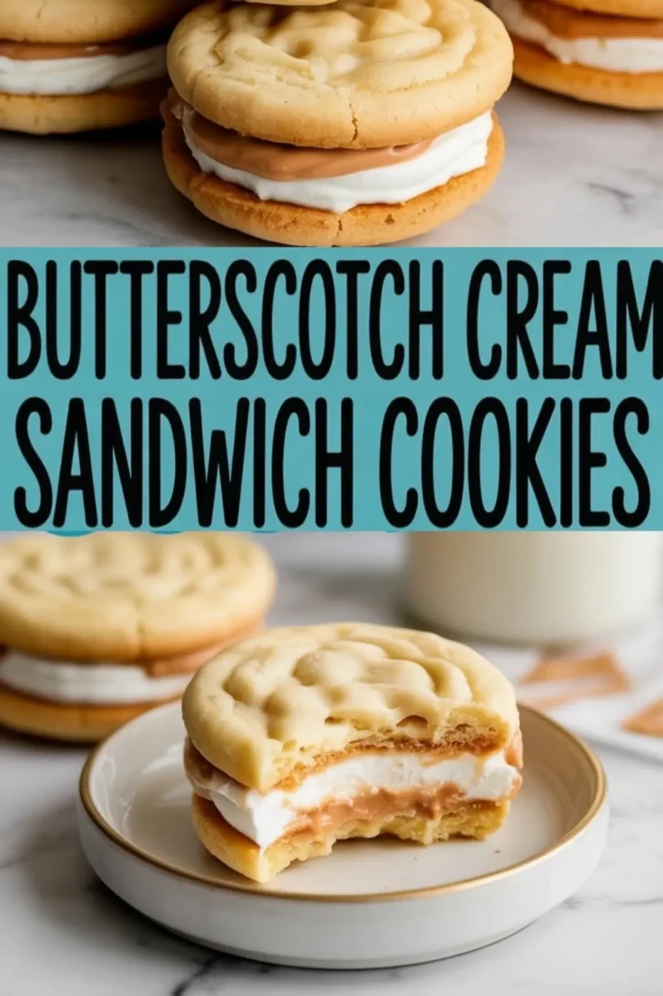 Butterscotch cream sandwich cookies with swirled vanilla cookies, filled with a thick layer of marshmallow fluff and butterscotch spread, served on a plate with a clean bite showing the soft interior.