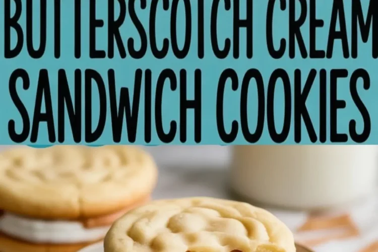 Butterscotch cream sandwich cookies with swirled vanilla cookies, filled with a thick layer of marshmallow fluff and butterscotch spread, served on a plate with a clean bite showing the soft interior.