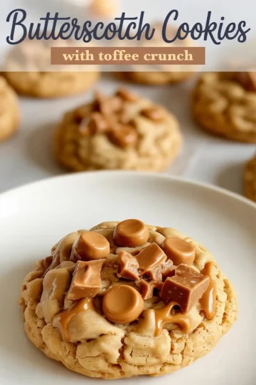 Single baked butterscotch cookie on a white plate, topped with glossy butterscotch chips and chunky toffee pieces, surrounded by blurred cookies in the background.