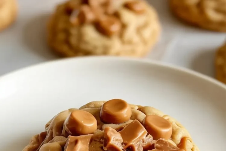Single baked butterscotch cookie on a white plate, topped with glossy butterscotch chips and chunky toffee pieces, surrounded by blurred cookies in the background.