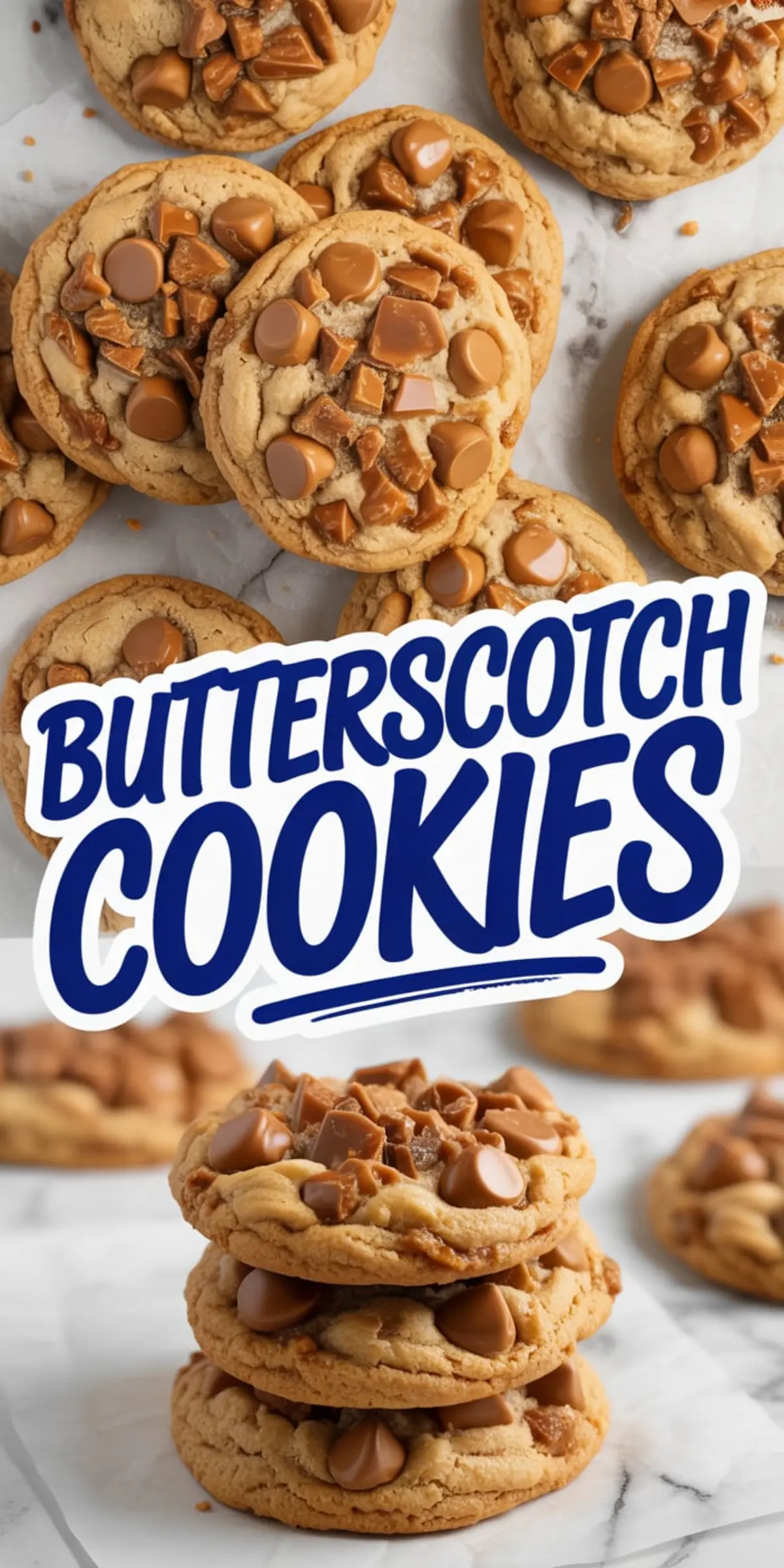 Stack of chewy butterscotch cookies loaded with smooth butterscotch chips and crunchy toffee bits, placed on white parchment for a bakery-style presentation.
