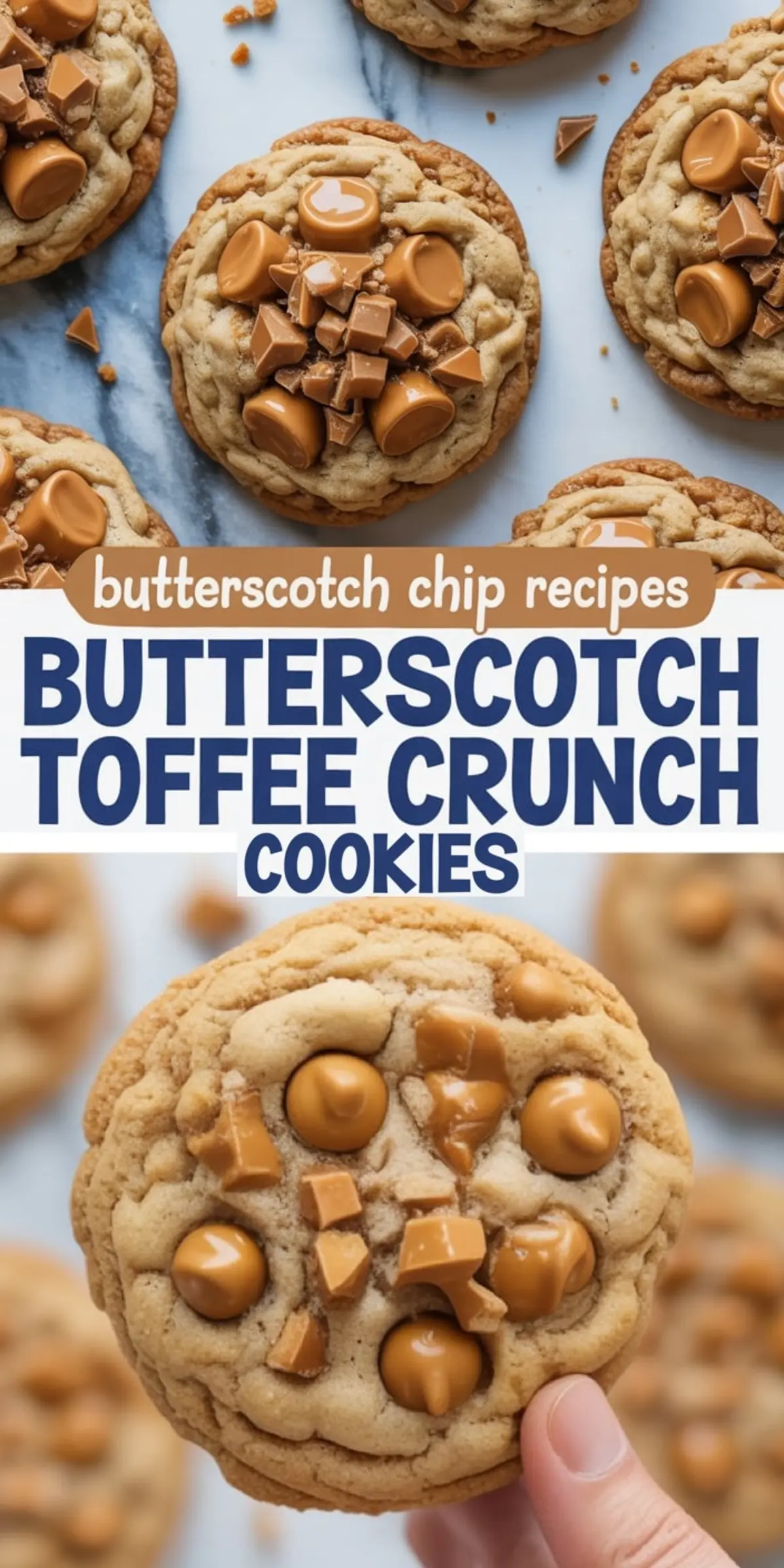 Flat lay of butterscotch toffee crunch cookies with soft centers and gooey toffee pieces, arranged on a light blue surface, with one cookie held in hand for detail.
