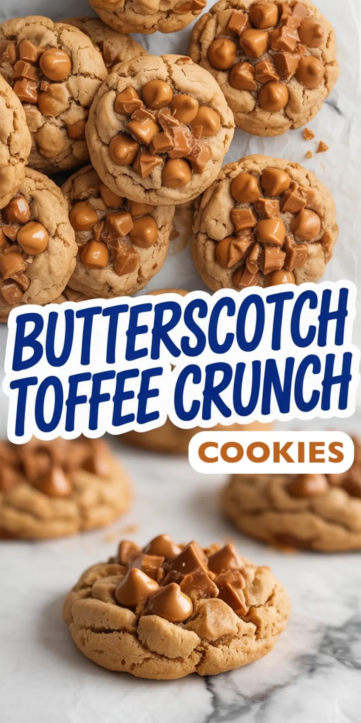 Close-up of thick butterscotch toffee crunch cookies topped with melted butterscotch chips and toffee chunks on a marble background, showcasing a golden-brown chewy texture.
