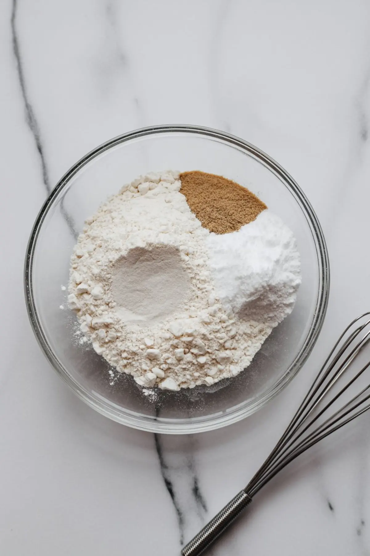 Glass mixing bowl filled with dry ingredients for cookie dough—flour, baking soda, baking powder, and brown sugar—on a marble counter with a metal whisk beside it.

