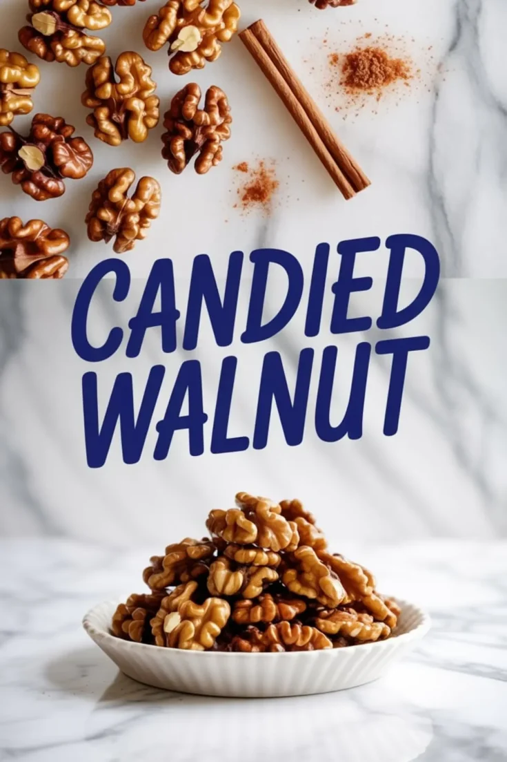 Top view of glazed walnuts scattered with cinnamon sticks and spice powder, and a lower view showing a bowl of candied walnuts with large text reading “Candied Walnut.”