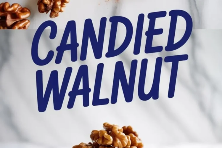 Top view of glazed walnuts scattered with cinnamon sticks and spice powder, and a lower view showing a bowl of candied walnuts with large text reading “Candied Walnut.”