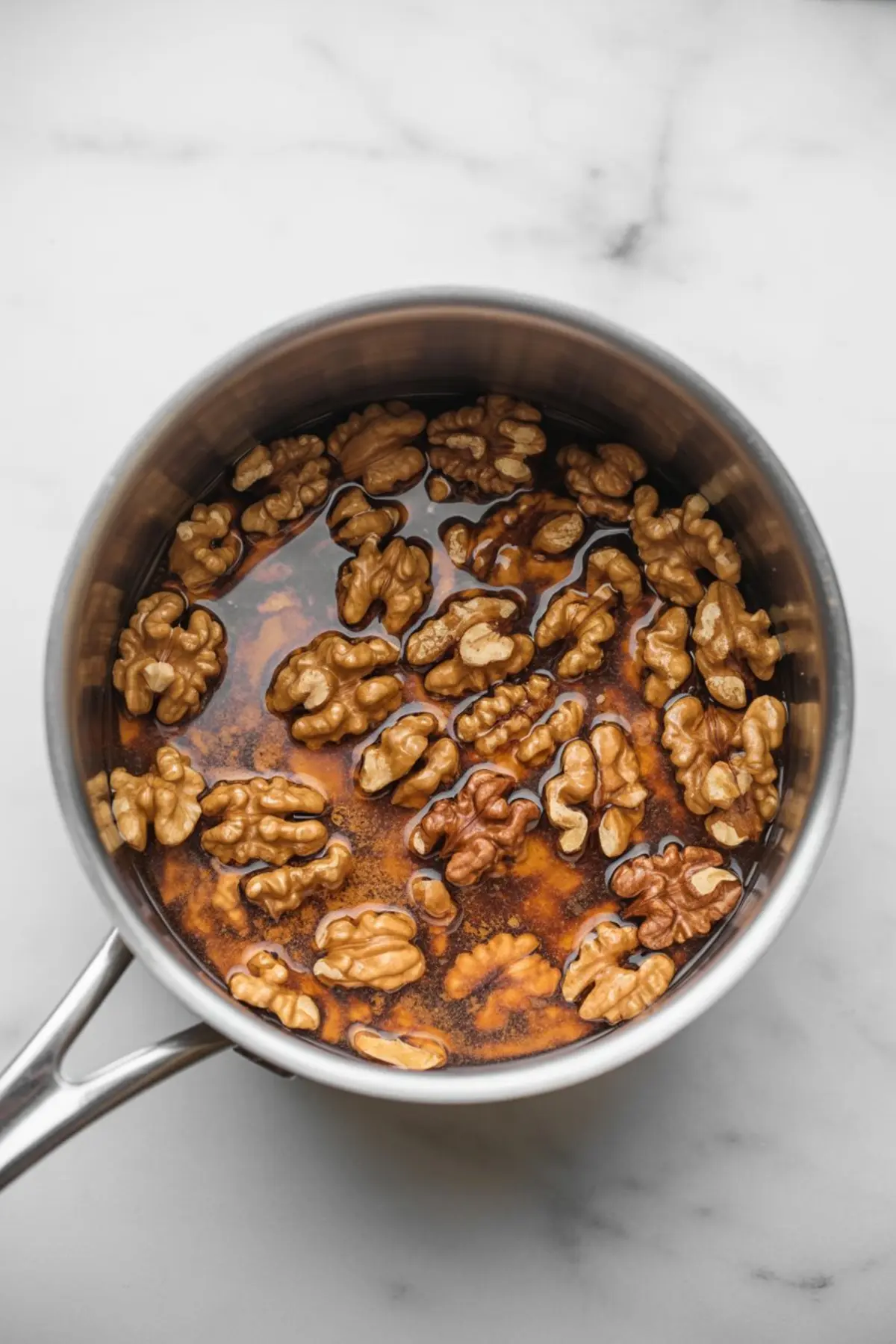 Walnuts simmering in a saucepan filled with syrupy liquid, showing the soaking process during homemade candied walnut preparation.